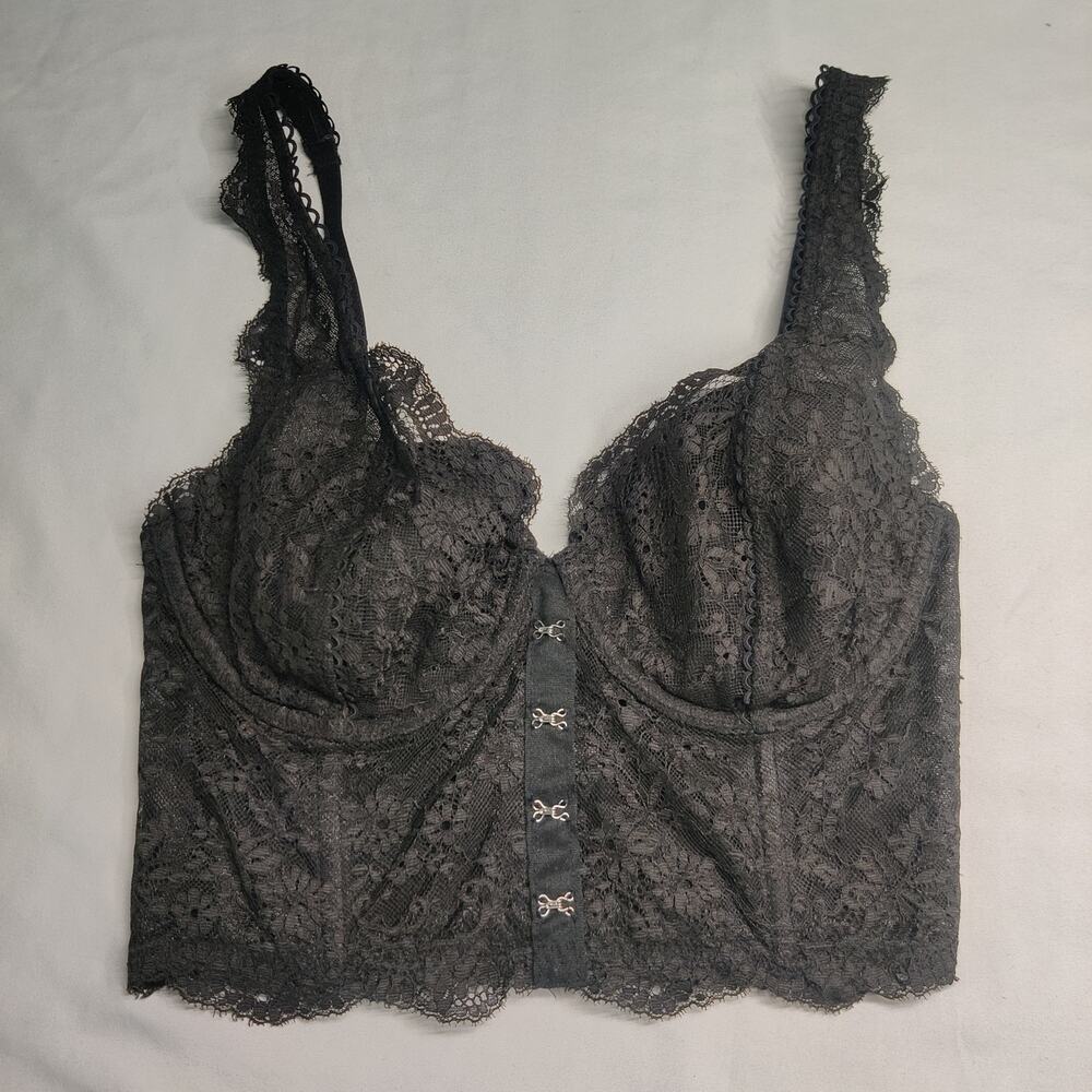 Victoria's Secret Black Lacy Longline Bra Corset Bustier Top 32D Sexy Gothic
